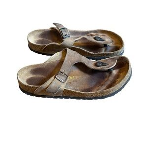 Birkenstock Gizeh Women 38 Brown Bronze Birko-Flor Thong Sandals Leather